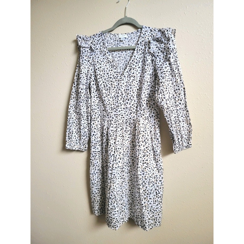 J. Crew Dress Women Small Fit & Flare Animal Print Ruffle Long Sleeve V Neck